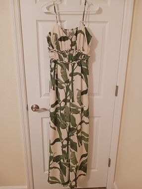 a.peach Pantsuit Jumper Full Lined Palm Leaf Print V-neck Grn Cream Wide Leg Lg